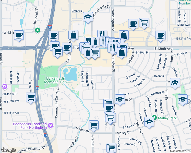 map of restaurants, bars, coffee shops, grocery stores, and more near 11790 Logan Street in Northglenn