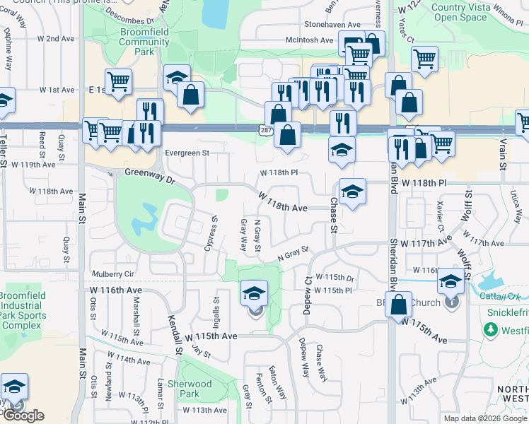 map of restaurants, bars, coffee shops, grocery stores, and more near 5828 West 118th Avenue in Broomfield