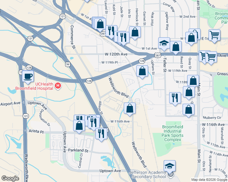 map of restaurants, bars, coffee shops, grocery stores, and more near 11777 Wadsworth Boulevard in Broomfield