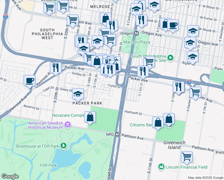 map of restaurants, bars, coffee shops, grocery stores, and more near 1505 Curtin Street in Philadelphia