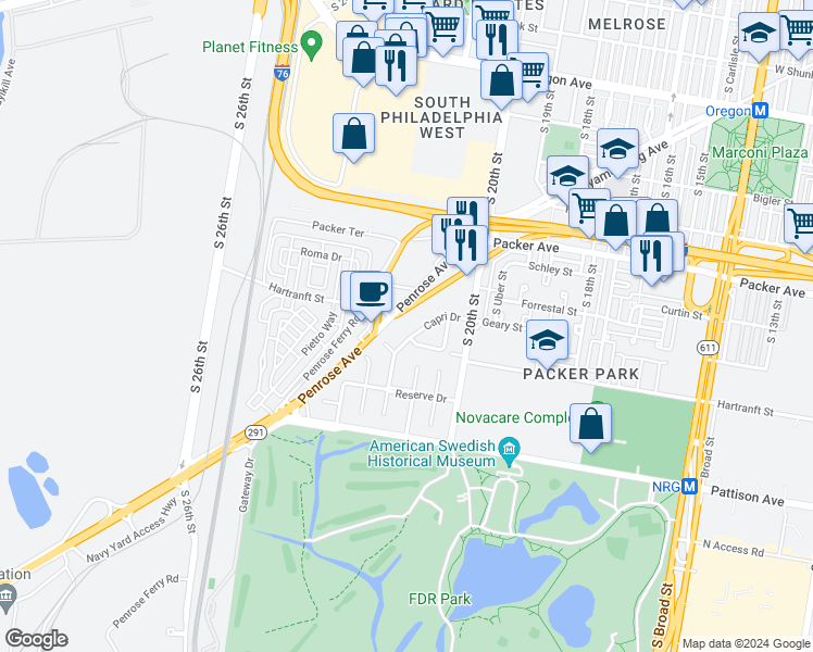 map of restaurants, bars, coffee shops, grocery stores, and more near 3215 Capri Drive in Philadelphia