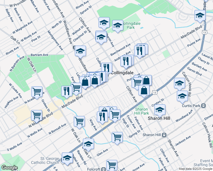 map of restaurants, bars, coffee shops, grocery stores, and more near 910 Macdade Boulevard in Collingdale