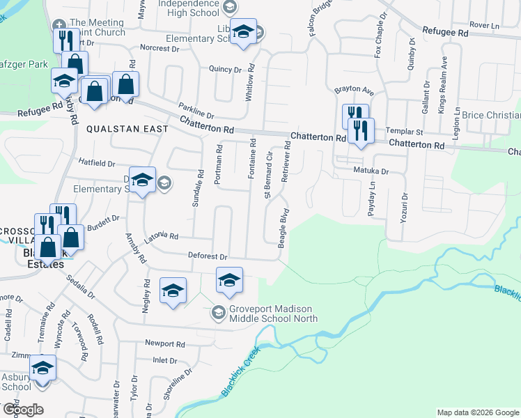 map of restaurants, bars, coffee shops, grocery stores, and more near 3279 Fontaine Road in Columbus