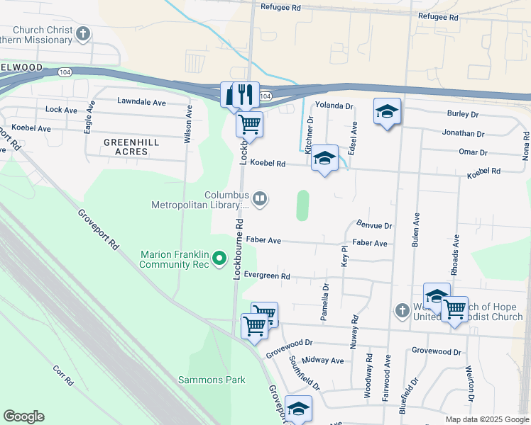 map of restaurants, bars, coffee shops, grocery stores, and more near 2740 Lockbourne Road in Columbus