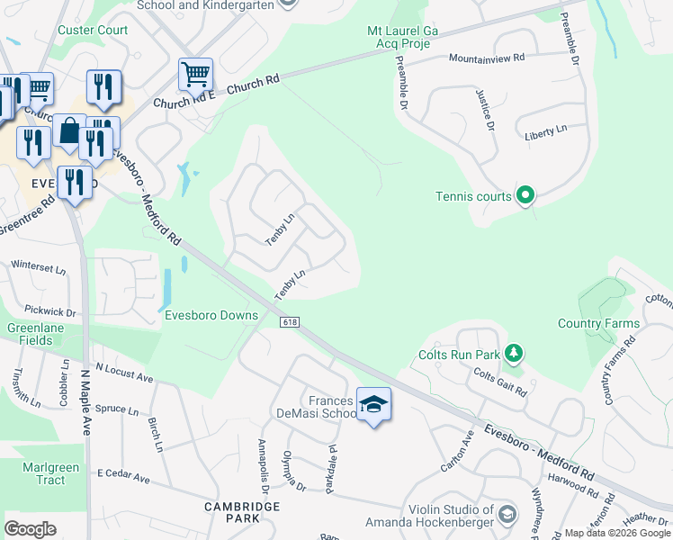 map of restaurants, bars, coffee shops, grocery stores, and more near 10 Winstead Court in Evesham