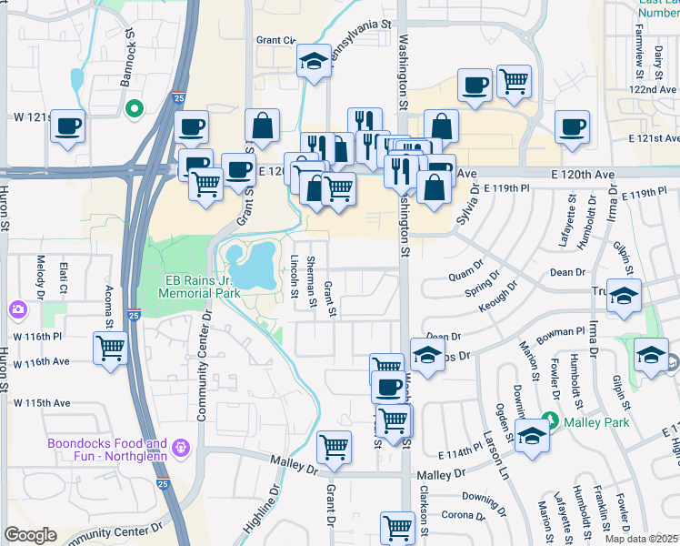 map of restaurants, bars, coffee shops, grocery stores, and more near 11790 Logan Street in Northglenn