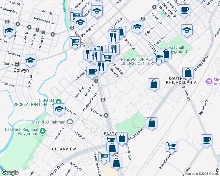 map of restaurants, bars, coffee shops, grocery stores, and more near 2709 Plover Street in Philadelphia