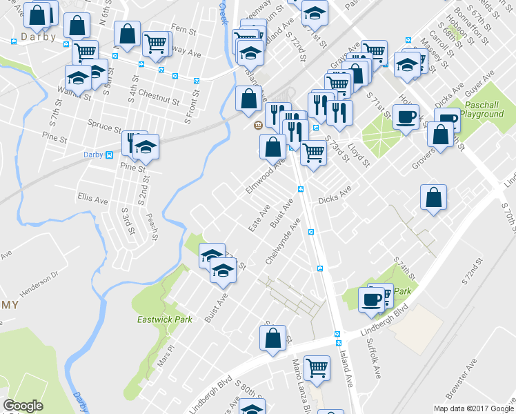 map of restaurants, bars, coffee shops, grocery stores, and more near 2527 South Claymont Street in Philadelphia