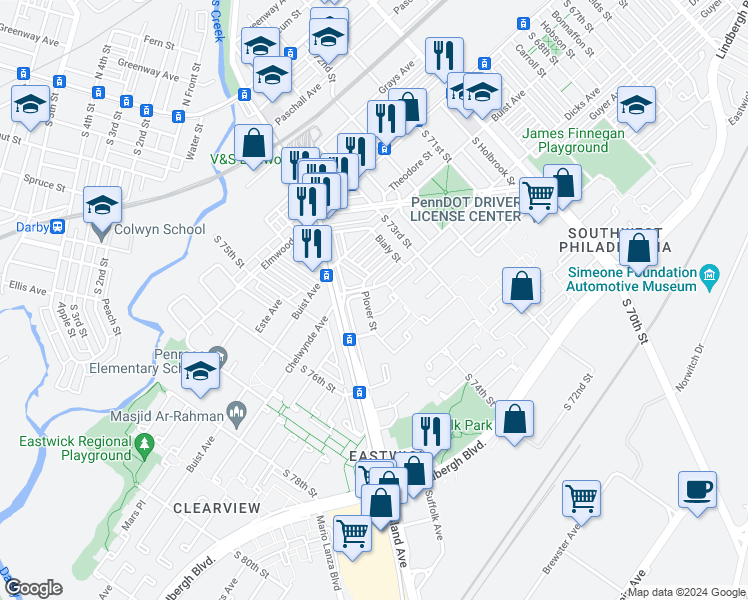 map of restaurants, bars, coffee shops, grocery stores, and more near 2709 Plover Street in Philadelphia