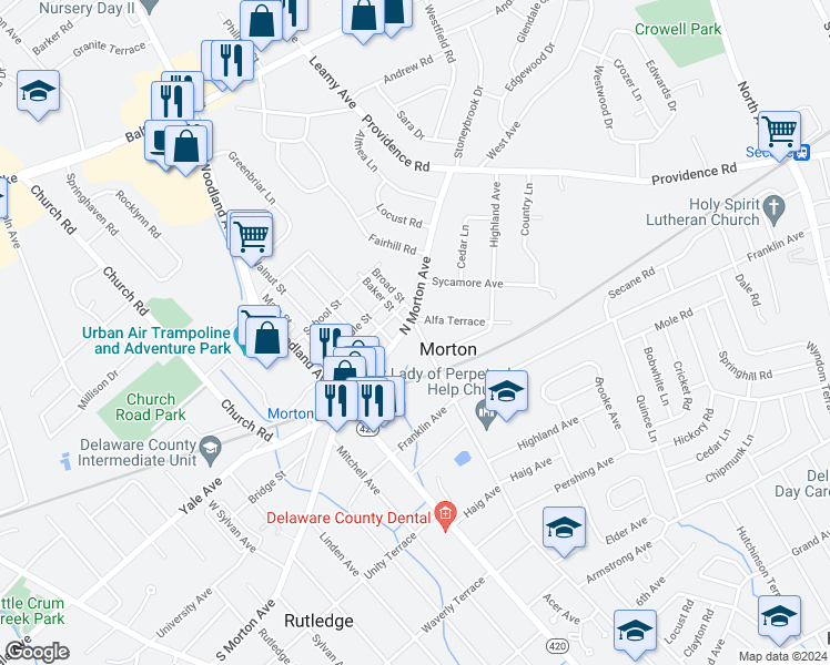 map of restaurants, bars, coffee shops, grocery stores, and more near 14 Amosland Road in Morton