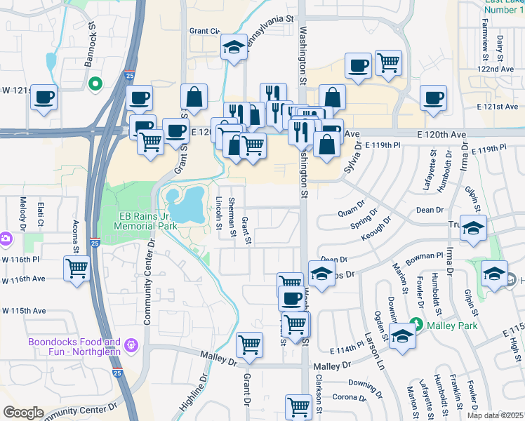 map of restaurants, bars, coffee shops, grocery stores, and more near 11790 Logan Street in Northglenn