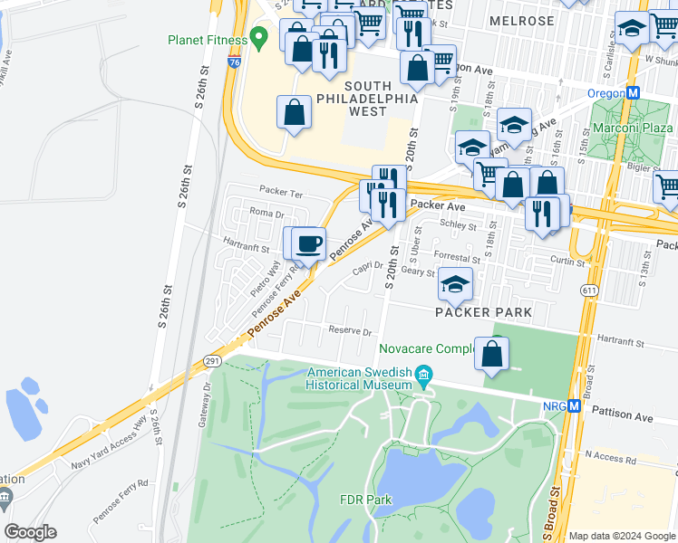 map of restaurants, bars, coffee shops, grocery stores, and more near 3215 Capri Drive in Philadelphia