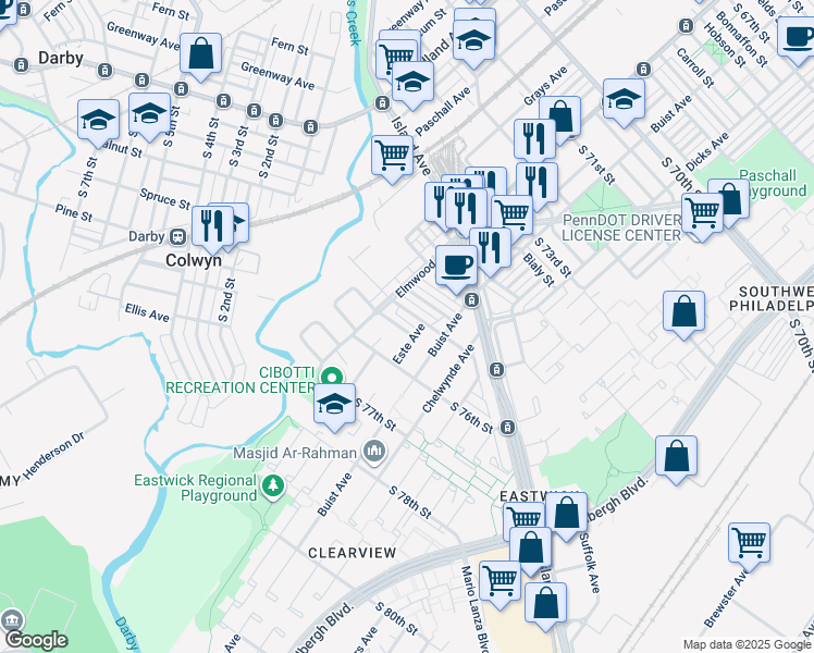 map of restaurants, bars, coffee shops, grocery stores, and more near 2527 South Claymont Street in Philadelphia
