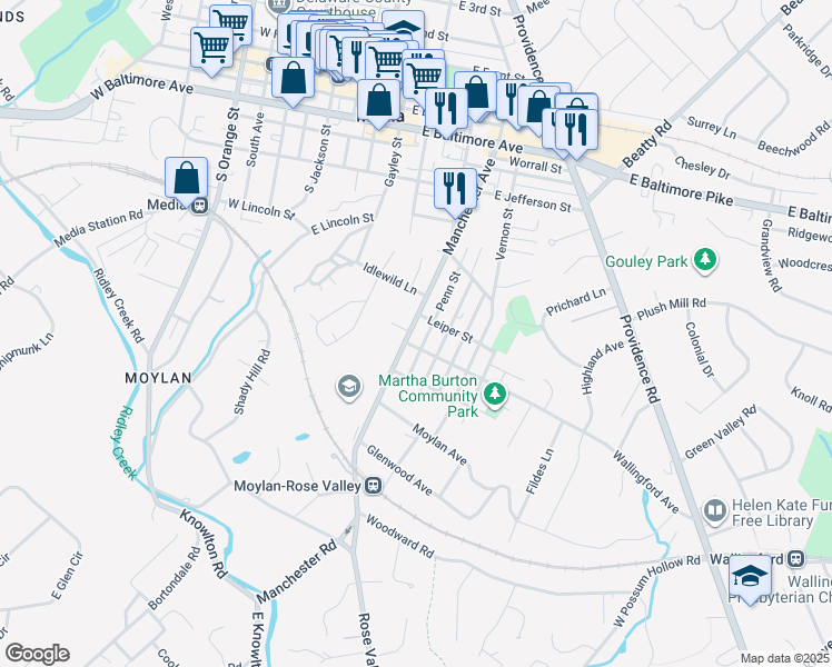 map of restaurants, bars, coffee shops, grocery stores, and more near 102 Garfield Place in Media