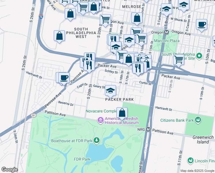 map of restaurants, bars, coffee shops, grocery stores, and more near 3175 Halsey Place in Philadelphia
