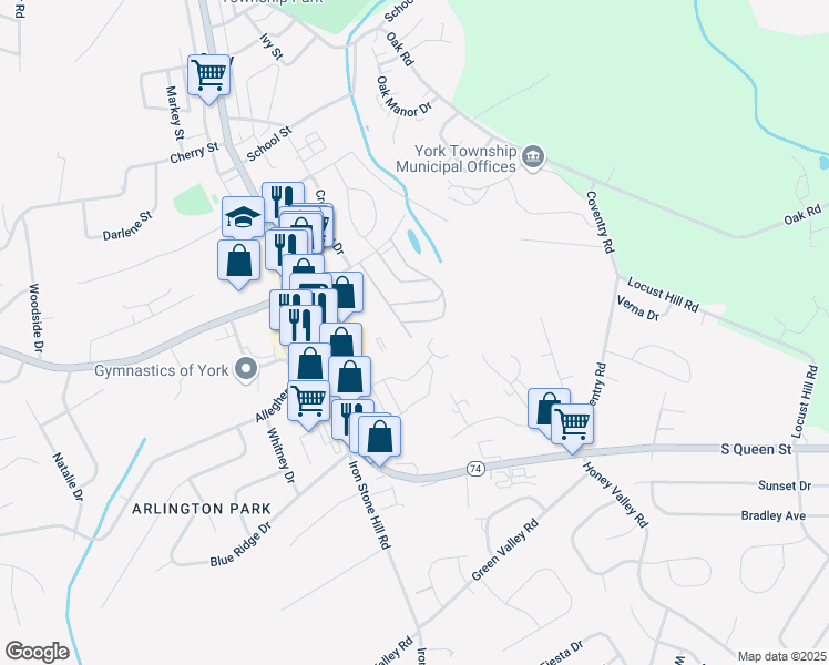 map of restaurants, bars, coffee shops, grocery stores, and more near 2715 Crestview Drive in York