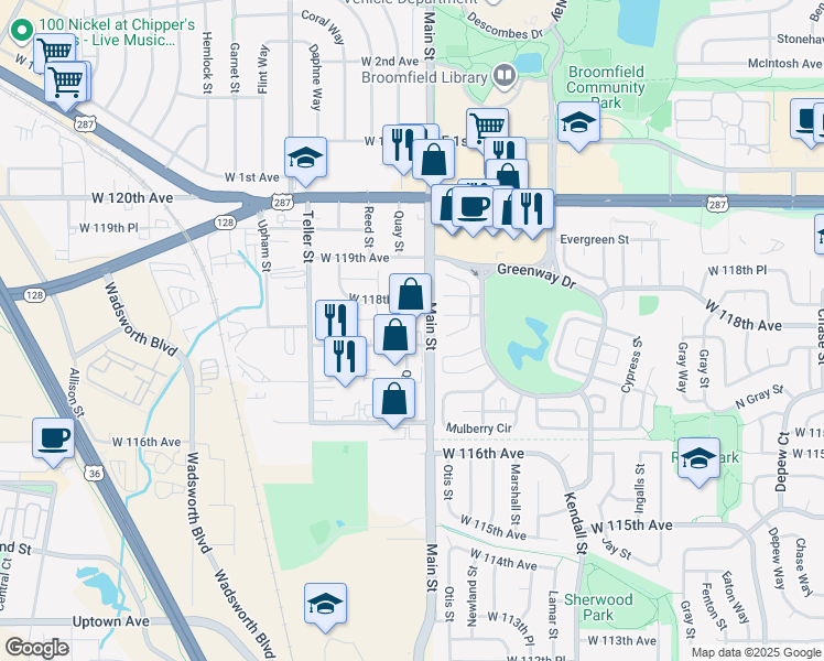 map of restaurants, bars, coffee shops, grocery stores, and more near 6801 West 117th Avenue in Broomfield