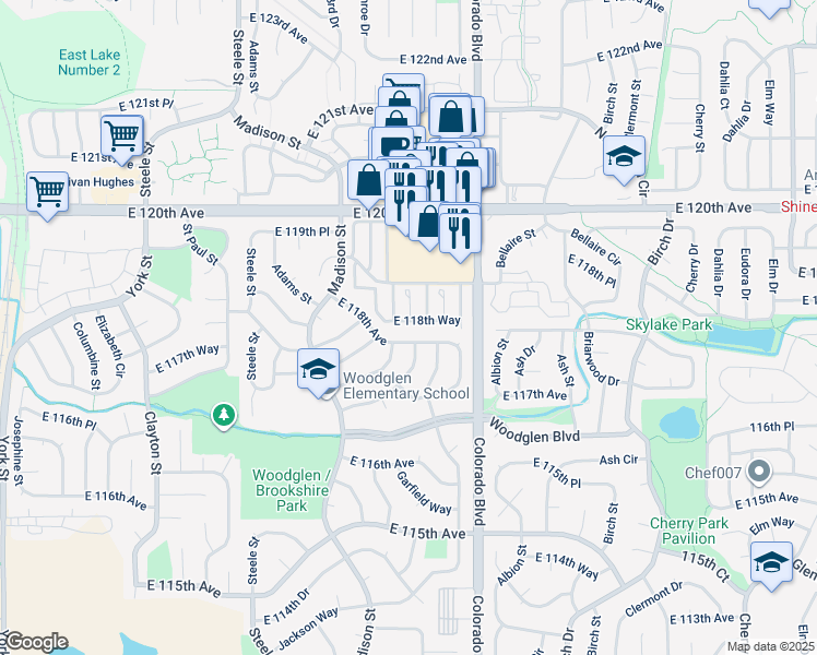 map of restaurants, bars, coffee shops, grocery stores, and more near 3718 East 118th Way in Thornton