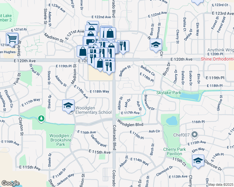 map of restaurants, bars, coffee shops, grocery stores, and more near 4045 East 118th Avenue in Thornton
