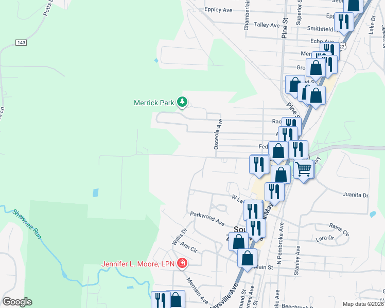 map of restaurants, bars, coffee shops, grocery stores, and more near 1345 Clay Street in Zanesville