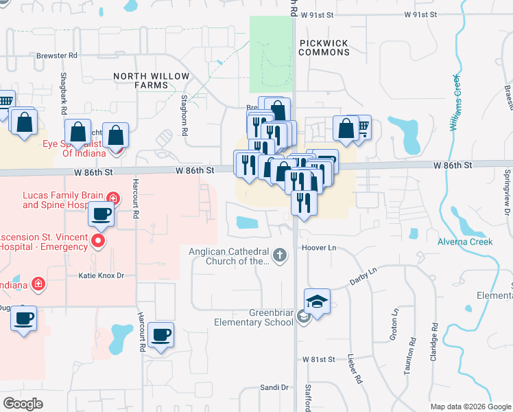 map of restaurants, bars, coffee shops, grocery stores, and more near 8444 Rothbury Drive in Indianapolis