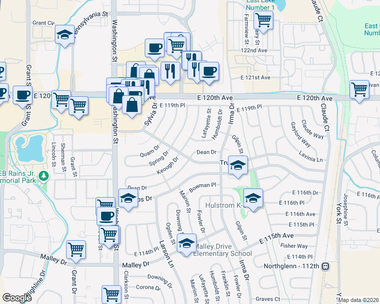 map of restaurants, bars, coffee shops, grocery stores, and more near 1349 Dean Drive in Northglenn