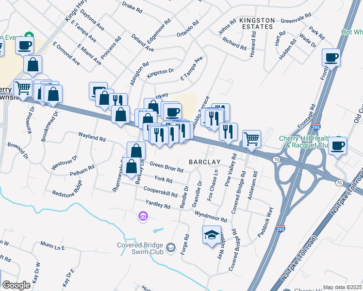 map of restaurants, bars, coffee shops, grocery stores, and more near 110 Barclay Farms Shopping Center in Cherry Hill