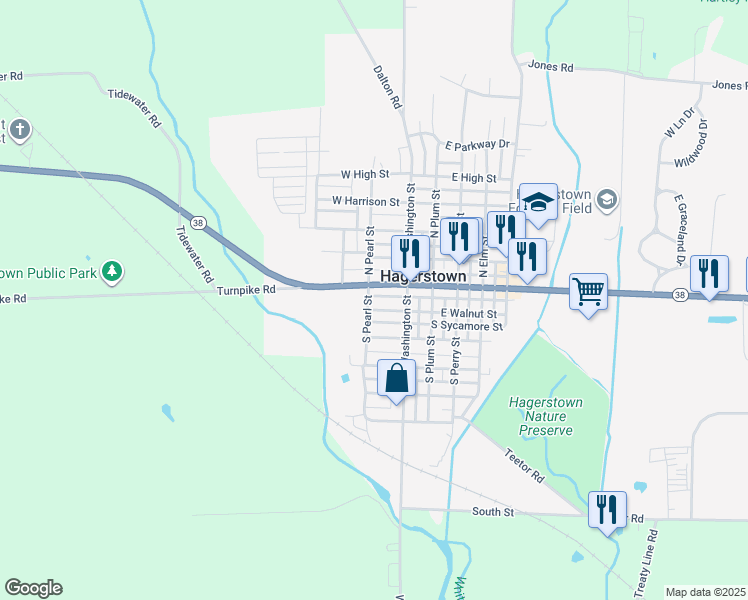 map of restaurants, bars, coffee shops, grocery stores, and more near 97 South Pearl Street in Hagerstown