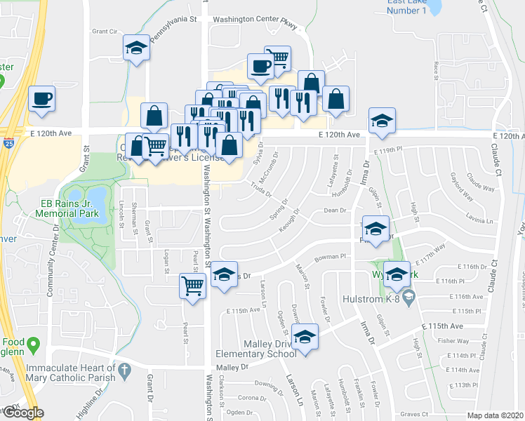 map of restaurants, bars, coffee shops, grocery stores, and more near 11804 Quam Drive in Northglenn
