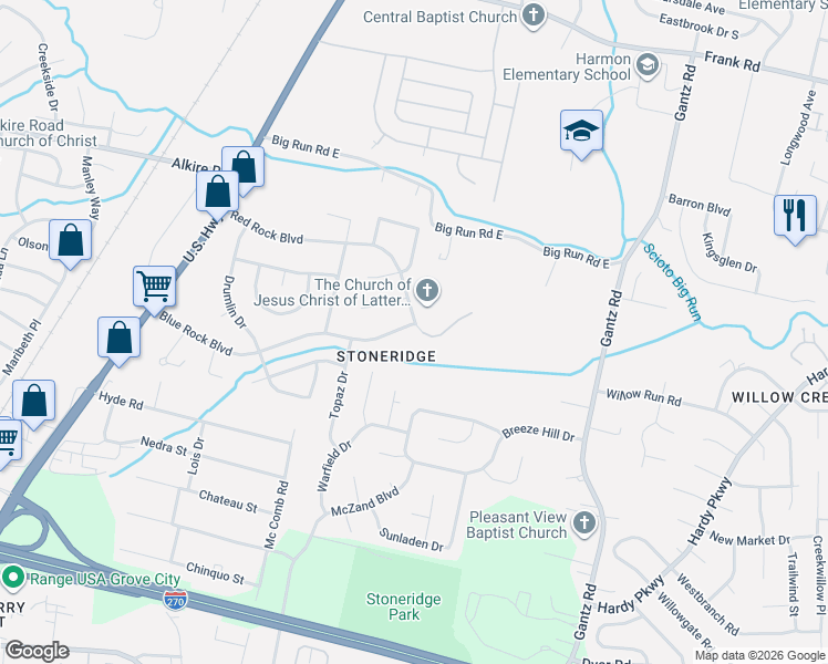 map of restaurants, bars, coffee shops, grocery stores, and more near 2399 Blue Rock Boulevard in Grove City