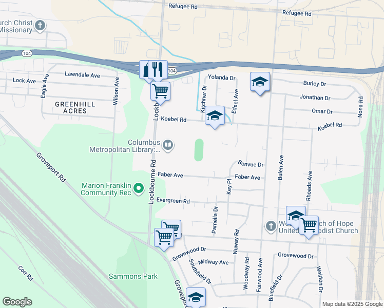 map of restaurants, bars, coffee shops, grocery stores, and more near 2740 Lockbourne Road in Columbus