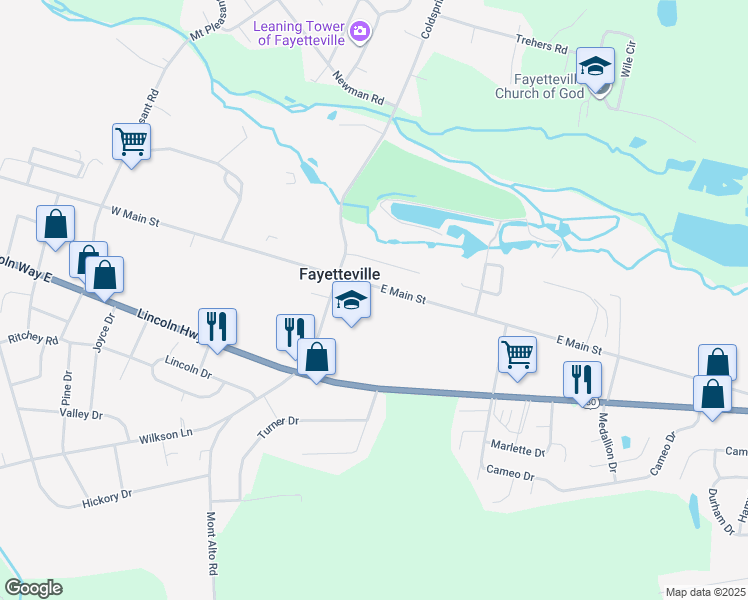 map of restaurants, bars, coffee shops, grocery stores, and more near 28 East Main Street in Fayetteville