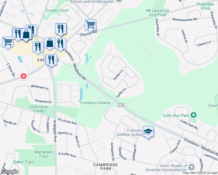 map of restaurants, bars, coffee shops, grocery stores, and more near 8 Lakefield Drive in Evesham