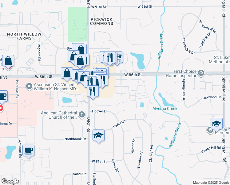 map of restaurants, bars, coffee shops, grocery stores, and more near 1275 West 86th Street in Indianapolis
