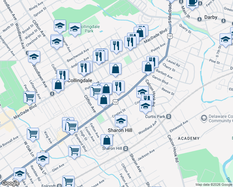 map of restaurants, bars, coffee shops, grocery stores, and more near 91 Ridley Avenue in Sharon Hill
