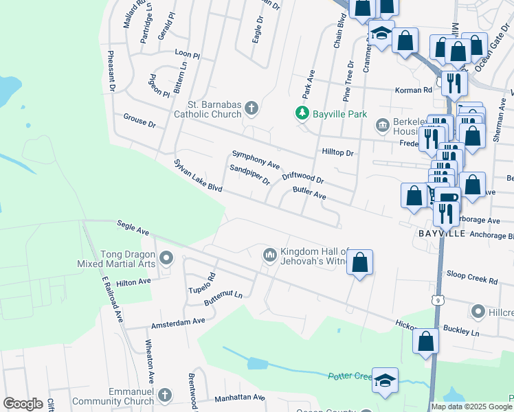map of restaurants, bars, coffee shops, grocery stores, and more near 132 Sylvan Lake Boulevard in Ocean County
