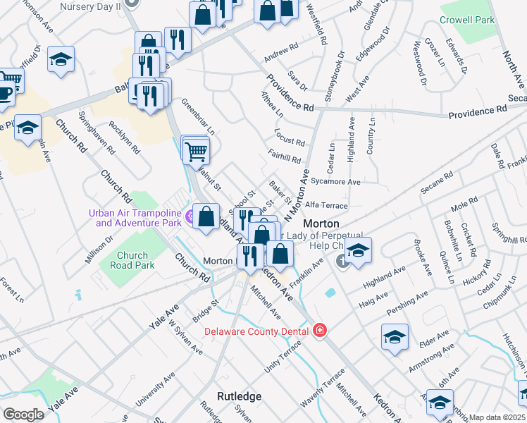 map of restaurants, bars, coffee shops, grocery stores, and more near 35 Pennington Avenue in Morton