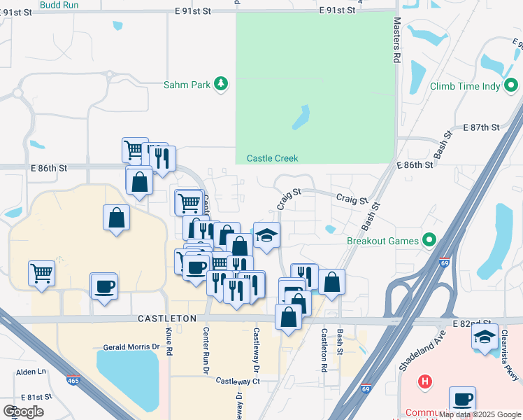 map of restaurants, bars, coffee shops, grocery stores, and more near 8480 Craig Street in Indianapolis