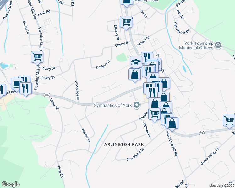 map of restaurants, bars, coffee shops, grocery stores, and more near 271 Leader Heights Road in York