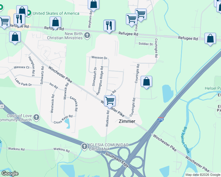 map of restaurants, bars, coffee shops, grocery stores, and more near 3658 Larkwell Way in Columbus