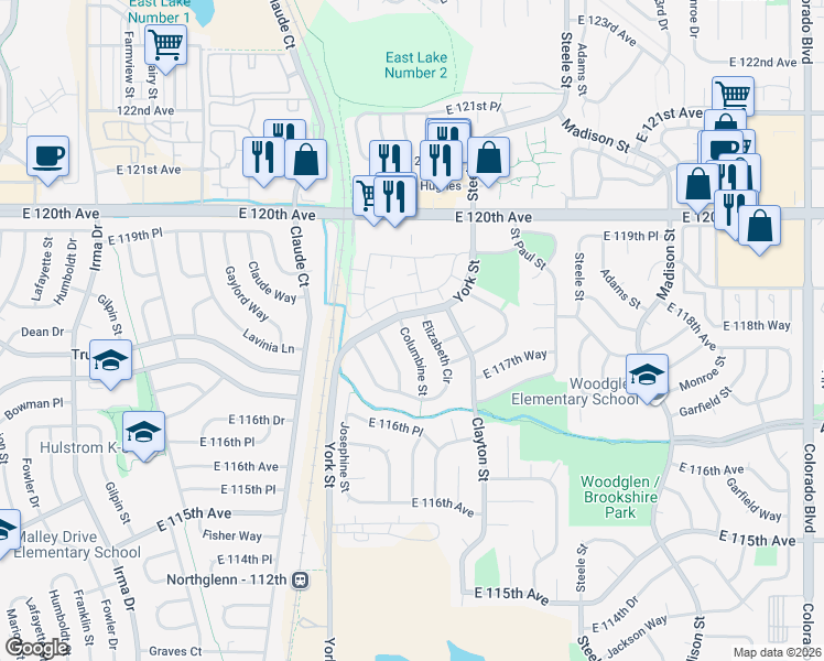 map of restaurants, bars, coffee shops, grocery stores, and more near 11884 Elizabeth Circle in Thornton