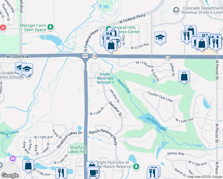 map of restaurants, bars, coffee shops, grocery stores, and more near 11796 Decatur Drive in Westminster