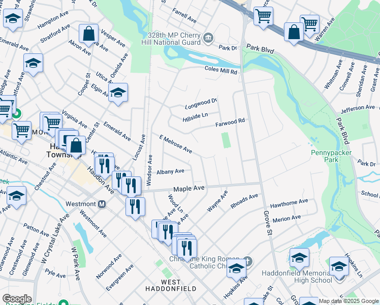 map of restaurants, bars, coffee shops, grocery stores, and more near 441 East Melrose Avenue in Haddon Township