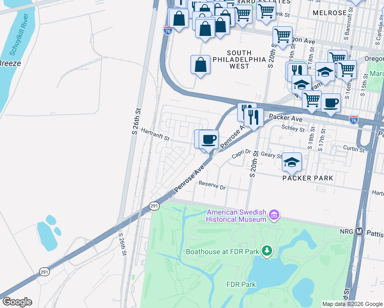 map of restaurants, bars, coffee shops, grocery stores, and more near 3340 Penrose Ferry Road in Philadelphia