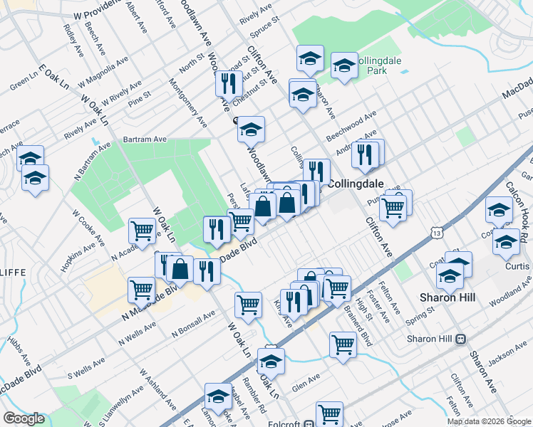 map of restaurants, bars, coffee shops, grocery stores, and more near 1016 Hollywood Place in Collingdale