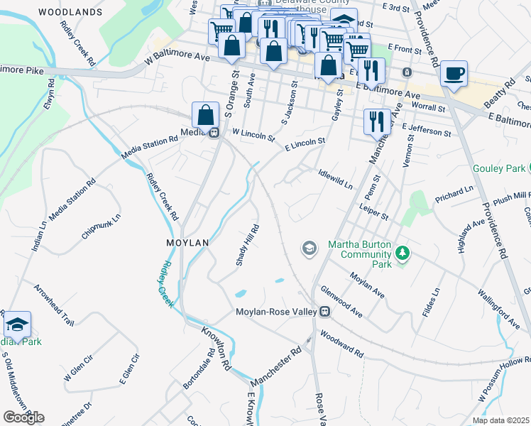 map of restaurants, bars, coffee shops, grocery stores, and more near 55 Shady Hill Road in Media