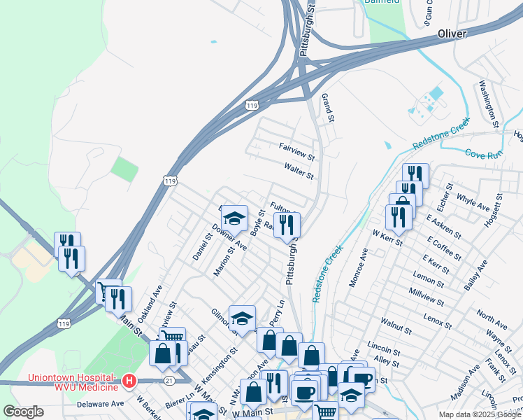 map of restaurants, bars, coffee shops, grocery stores, and more near 4 Springer Avenue in Uniontown