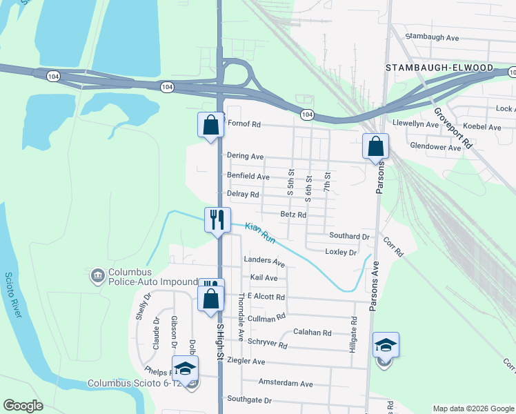 map of restaurants, bars, coffee shops, grocery stores, and more near 74 Betz Road in Columbus