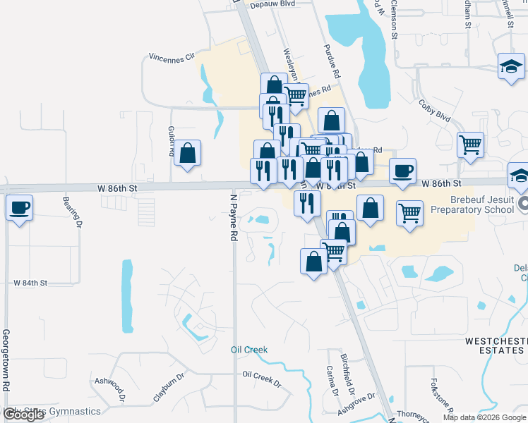 map of restaurants, bars, coffee shops, grocery stores, and more near 30 Oak Lake Circle North in Indianapolis