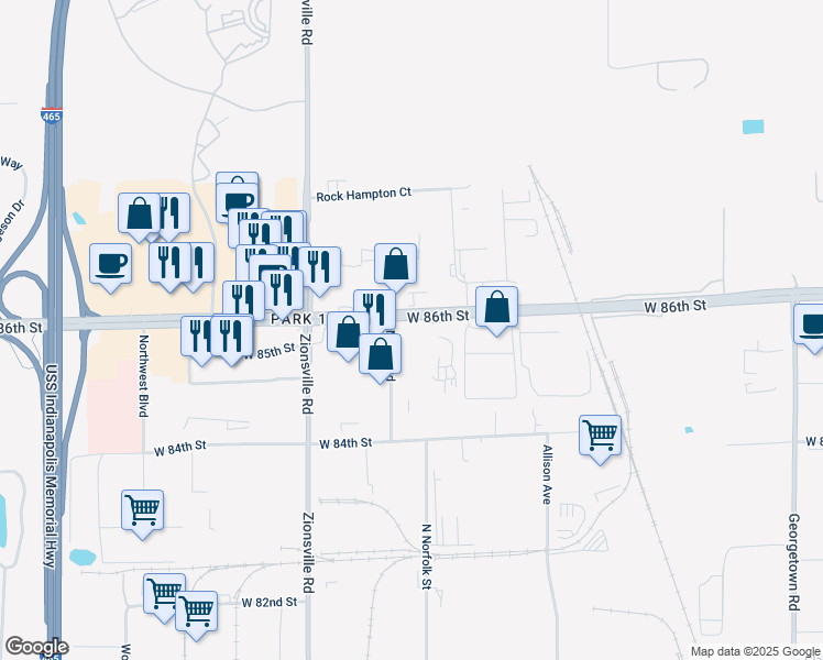 map of restaurants, bars, coffee shops, grocery stores, and more near 5455 West 86th Street in Indianapolis
